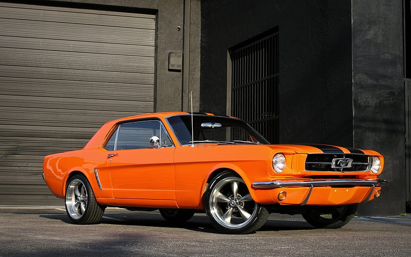 Ford Mustang, 1965, Orange Mustang, vintage cars, classic cars, Ford, HD wallpaper