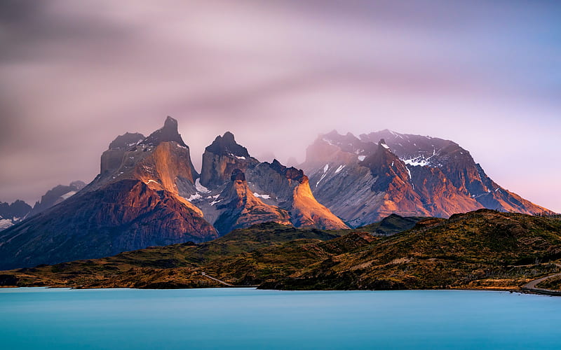 Andes, mountains, sunset, evening, mountain landscape, coast, Patagonia, South America, HD wallpaper