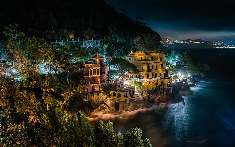 Portofino, night, Mediterranean Sea, coast, summer, italian cities, Liguria, Italy, Europe, HD wallpaper