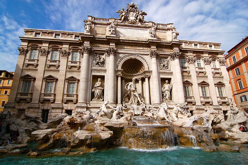 Fontana Di Trevi, architecture, fountain, monuments, buildings, bonito, rome, sky, clouds, statues, city, water, italy, HD wallpaper