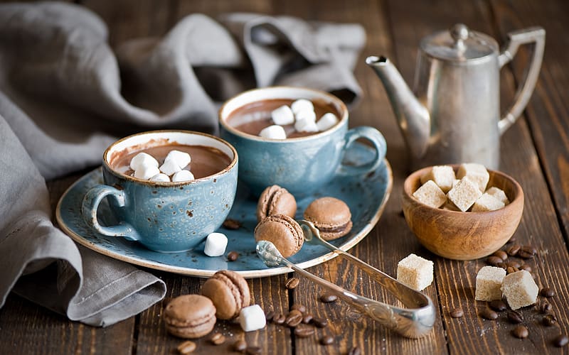 Food, Chocolate, Still Life, Teapot, Coffee Beans, Mug, Marshmallow, Macaroni, Hot Chocolate, HD wallpaper