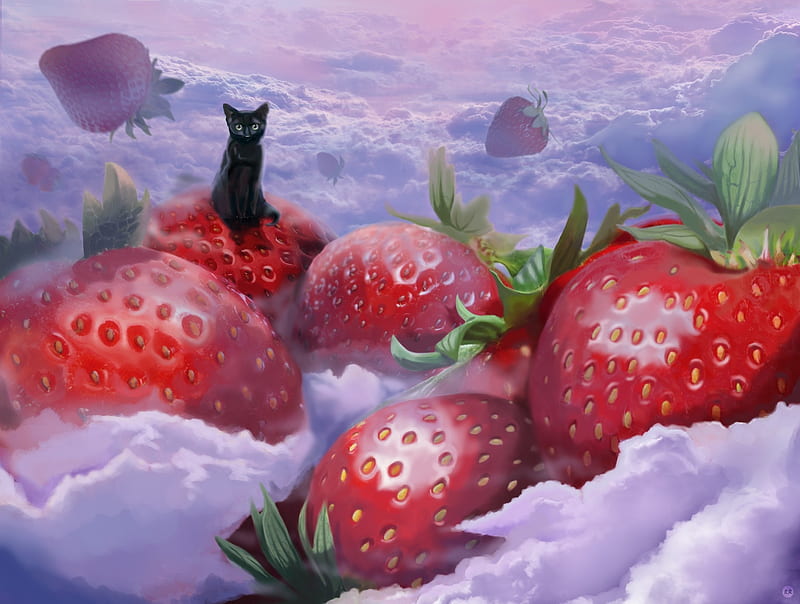 Strawberry cat by Richard Rosa, red, art, cloud, strawberry, luminos, black, cat, fruit, vara, capsuni, fantasy, purple, summer, richard rosa, pisici, HD wallpaper