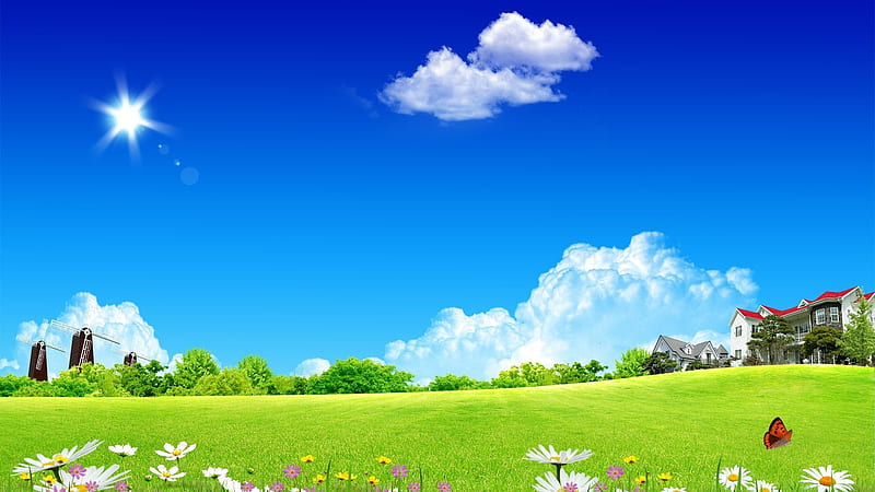Beautiful day, Sky, Grass, Fantasy, Landscape, Clouds, Abstract, Flowers, Fields, Daisies, Windmills, HD wallpaper