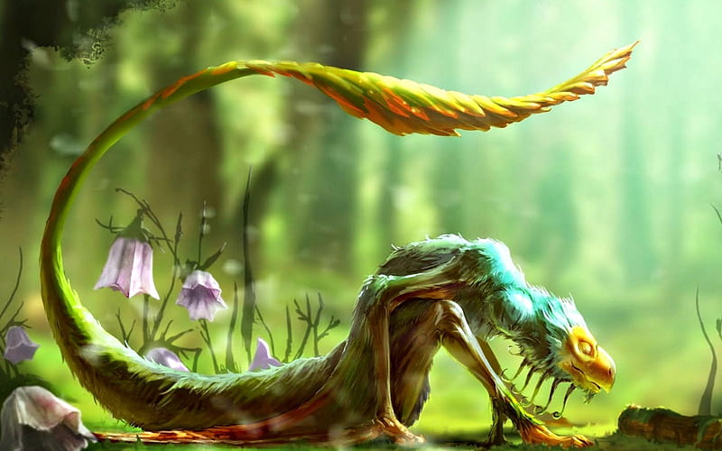 Fantastic creature, art, green, tail, painting, flower, dragon, scorpion, creature, HD wallpaper