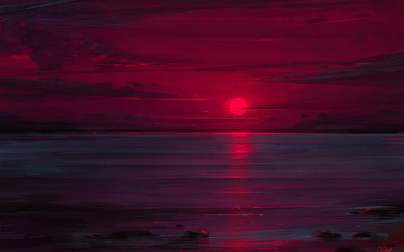 sea, sunset, red sun, darkness, art, HD wallpaper