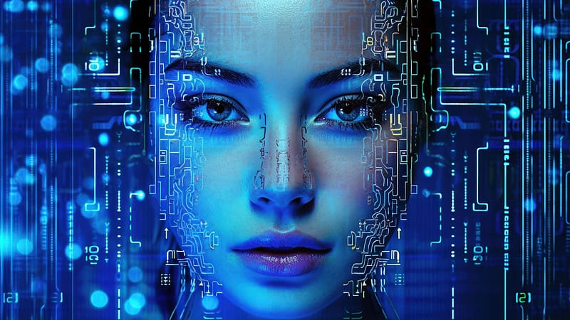 Cyborg, mario feng, fantasy, girl, luminos, face, robot, blue, HD ...