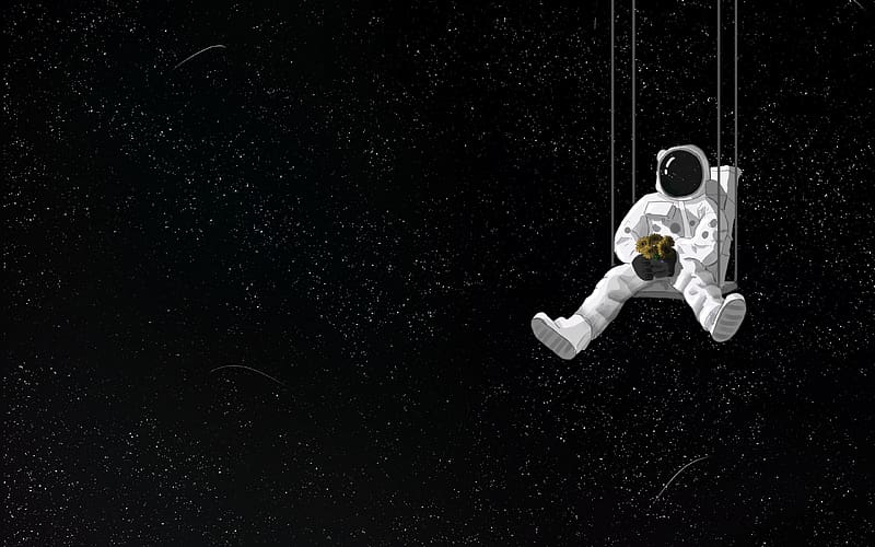 Astronaut, black, white, fantasy, flower, minimalism, space, swing, stars, cosmonaut, HD wallpaper