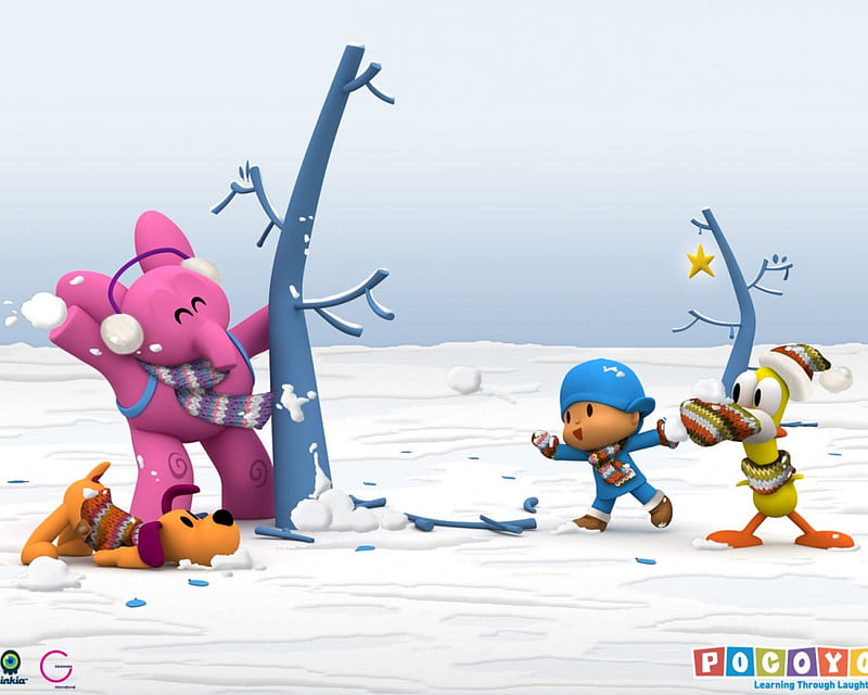 Cute 3D Creatures, duck, snow, child, trees, pink elephant, winter, HD wallpaper
