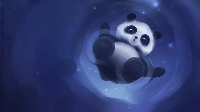 Panda, water, apofiss, bear, black, reflection, white, blue, luminos ...
