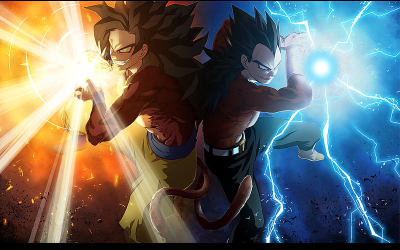 The Final Attack!, glowing eyes, super saiyan, monkey tails, tails, yellow eyes, dragon ball z, energy, super saiyan 4, dragonball, anime, blue eyes, black hair, HD wallpaper