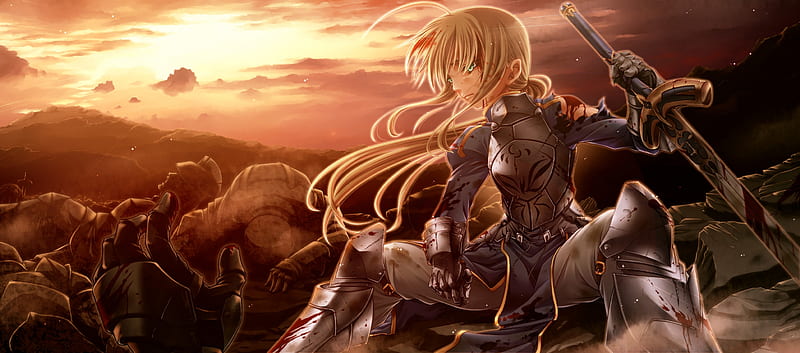 The Mountain Corpses, saber, king, rest, wounded, game, sunset, arturia, sit, winner, fate stay night, battle, camlann, anime, loser, corpses, knight, HD wallpaper