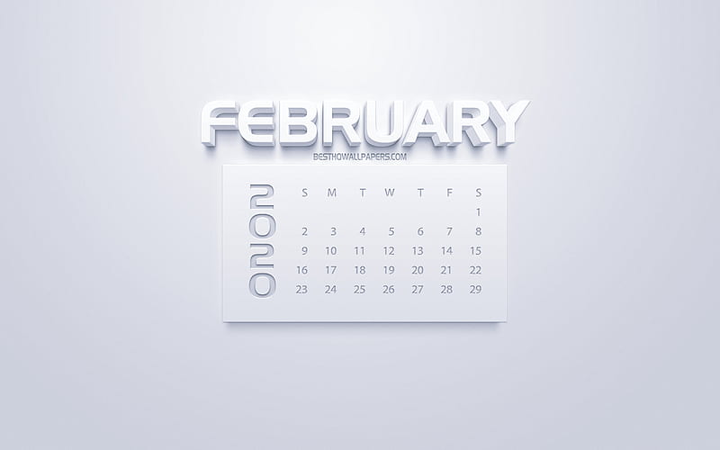 2020 February Calendar, 3d white art, white background, 2020 calendars, February 2020 calendar, winter 2020 calendars, February, HD wallpaper