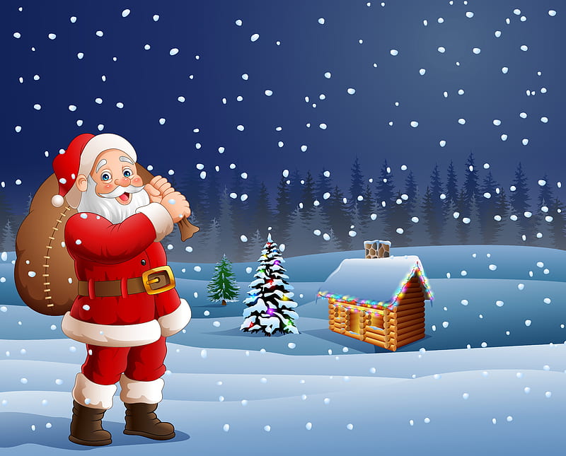 Santa Claus, Snow, House, New Year, Winter, HD wallpaper