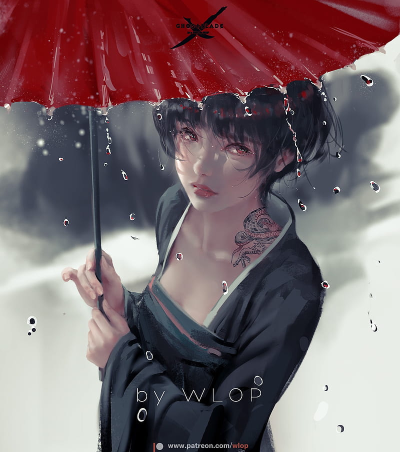 WLOP, artwork, digital art, rain, umbrella, women, short hair, tattoo, HD phone wallpaper
