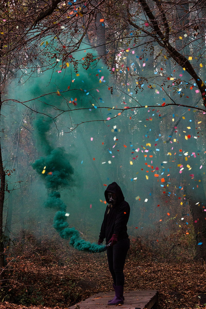 silhouette, gas mask, smoke, clapperboard, colored smoke, HD phone wallpaper
