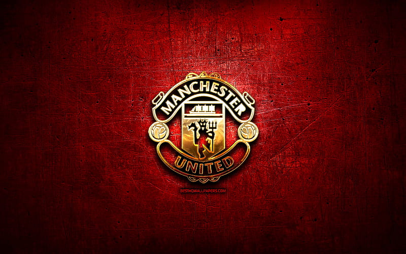 Manchester United FC, golden logo, Premier League, red abstract background, soccer, english football club, Manchester United logo, football, Manchester United, England, HD wallpaper