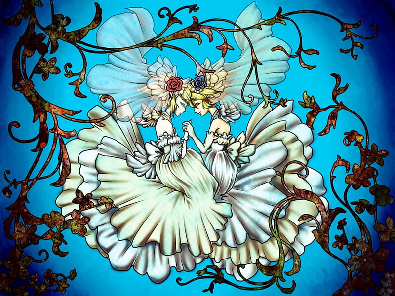 ~United~, veils, vocaloid, anime, siblings, flowers, dresses, rin and len kagamine, HD wallpaper