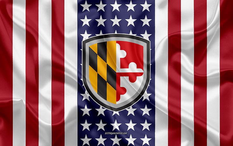 University of Maryland Baltimore County Emblem, American Flag, University of Maryland Baltimore County logo, Catonsville, Maryland, USA, University of Maryland Baltimore County, HD wallpaper