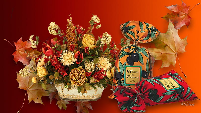 Bouquet and Spices, fall, still life, autumn, leaves, spices, bouquet, basket, flowers, HD wallpaper