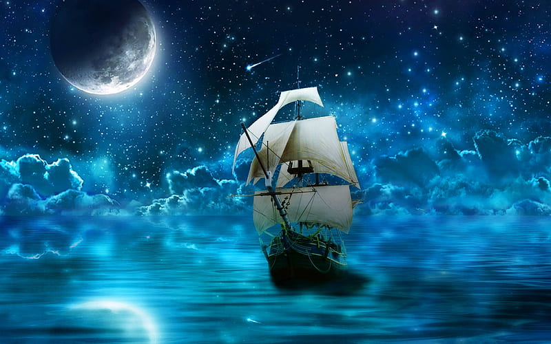 Midnight Sailing by Moonlight, stars, water, moon, ship, sailing, sails, clouds, sea, HD wallpaper