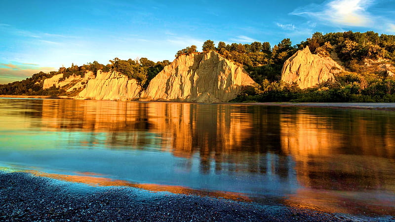 Scarborough Bluffs, Ontario, coast, trees, clouds, lake ontario, sky, canada, water, reflections, HD wallpaper