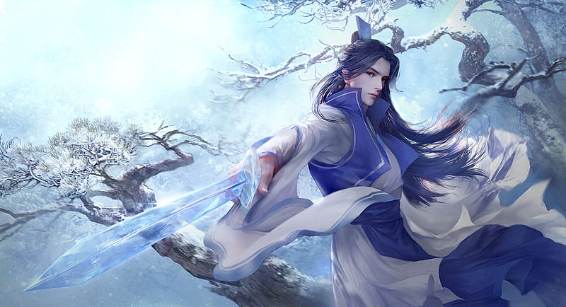 Asian prince, fantasy, handsome, asian, man, white, feimo, sword, blue, HD wallpaper