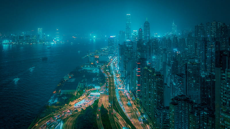 night city, fog, aerial view, buildings, road, metropolis, HD wallpaper
