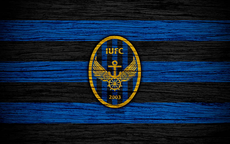 Incheon United FC K League 1, South Korean Football Club, logo, wooden texture, blue black lines, emblem, Incheon, South Korea, football, HD wallpaper