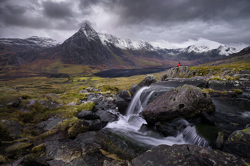 mountains, stream, rocks, snowline, dark weather, lonely man, Landscape, HD wallpaper