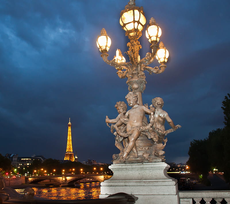 Parisian Nightscape, art, france, night, paris, statue, HD wallpaper