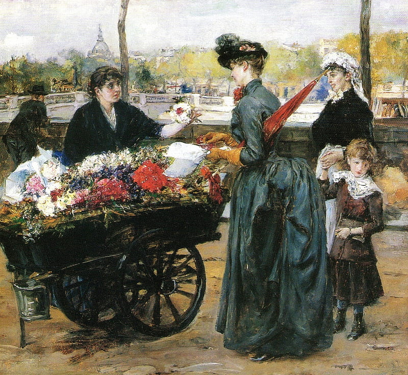 The flower seller, art, seller, girl, painting, flower, woman, street, HD wallpaper