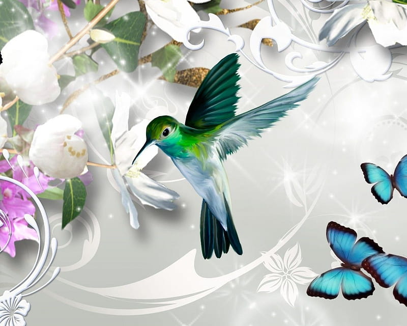 Hummingbird and Butterflies, wings, butterflies, hummingbird, flutter, HD wallpaper