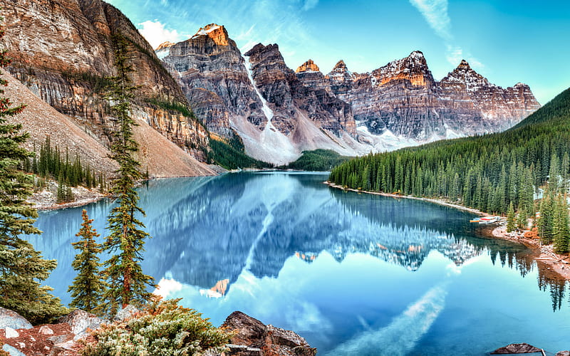 Moraine Lake, R, Banff, summer, forest, mountains, Alberta, Banff National Park, Canada, HD wallpaper