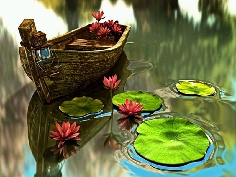 Lonely Boat, leaves, painting, flowers, waterlilies, blossoms, lake, artwork, HD wallpaper