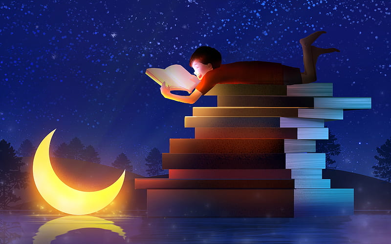 Starry sky moon reading boy dreamy illustration, HD wallpaper