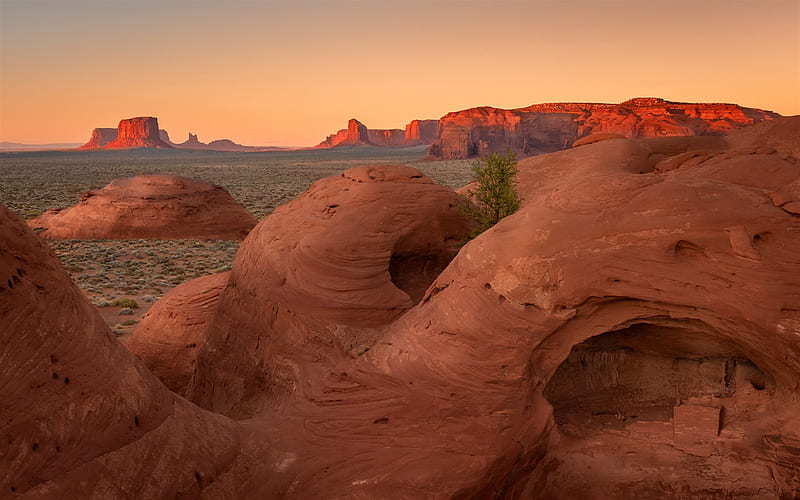 Ancestral Puebloans, Ancient Pueblo Ruin, sunset, red rocks, mountain landscape, Arizona, New Mexico, Navajo Nation, United States, USA, HD wallpaper