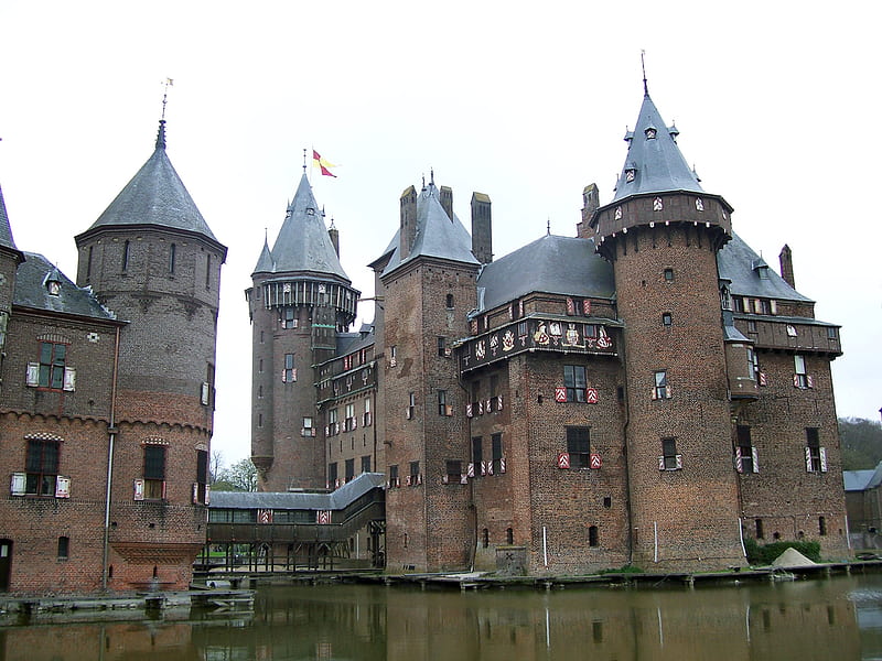 Castle De Haar, Holland, roof, water, towers, bridge, castle, HD wallpaper