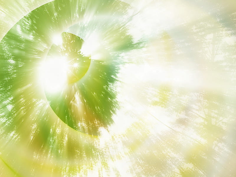 Lime Flashes, bright, circles, lime green, light rays, background trees, HD wallpaper