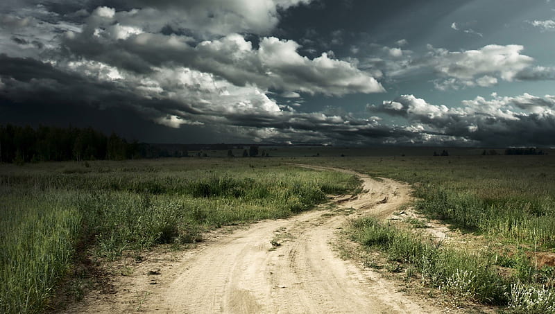 Road to Stormy Sky, tempestuous, clouds, stormy, farm, path, weary, fields, road, rabid, paroxysmal, country, sky, storm, trees, turbulent, tumultuous, dark, lane, rough, field, HD wallpaper