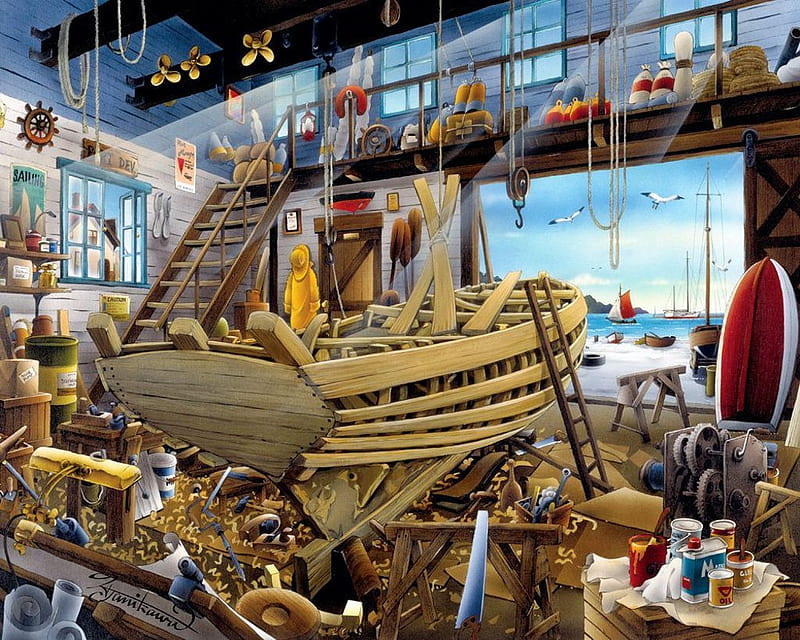 Boat Builder's Yard, timber, boats, painting, ladder, tools, artwork, parts, HD wallpaper