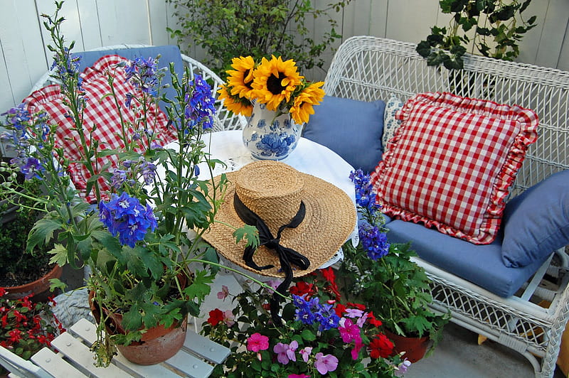 Pretty Little Sun room, flowers, love seat, chair, straw hat, pillows, HD wallpaper
