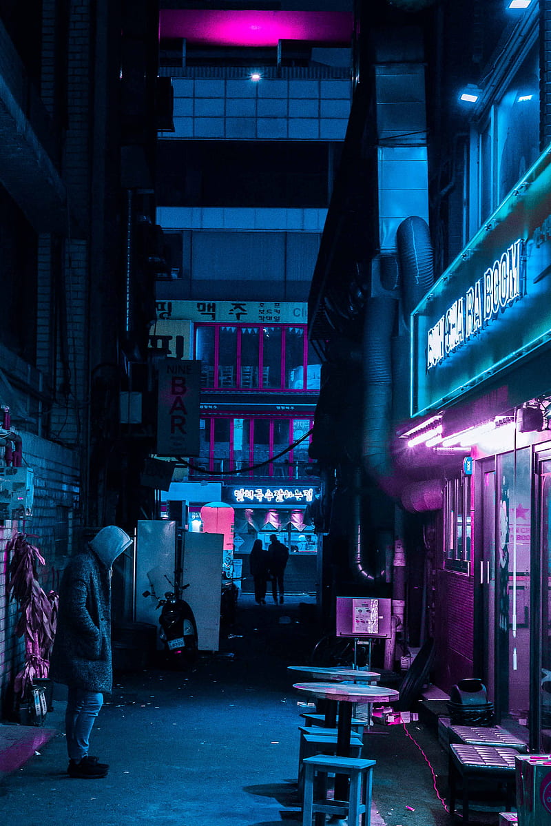 night city, neon, street, lighting, HD phone wallpaper