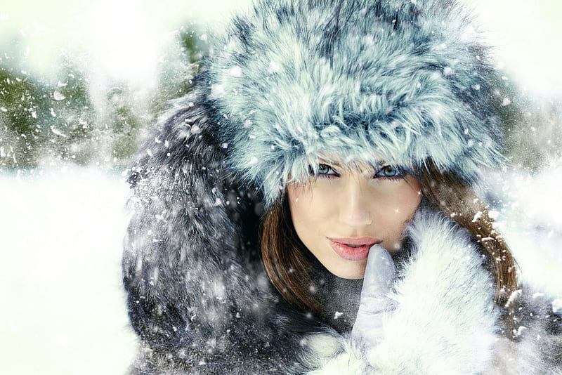 Winter Girl, sensual, pretty, bonito, woman, snowy, sweet, cold, hand, beauty, face, female, lovely, smile, winter time, lips, winter, hat, hands, girl, snow, snowflakes, lady, eyes, HD wallpaper