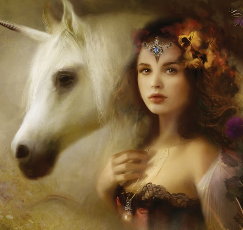 luminos, girl, unicorn, art, fantasy, bente schlick, HD wallpaper