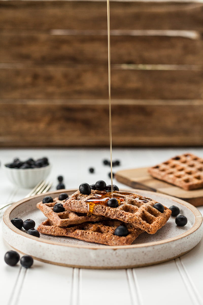 waffles, blueberries, honey, plate, dessert, HD phone wallpaper