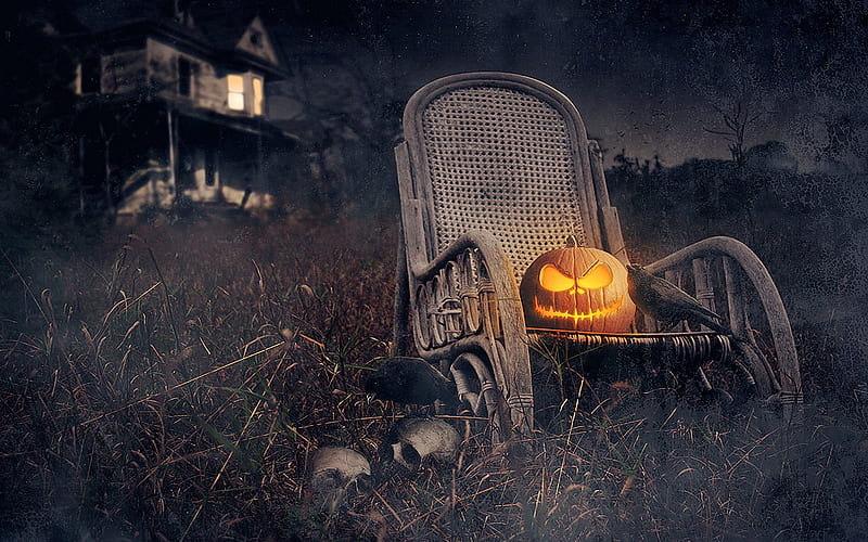 The Chair, house, halloween, pumpkin, armchair, night, lights, HD wallpaper