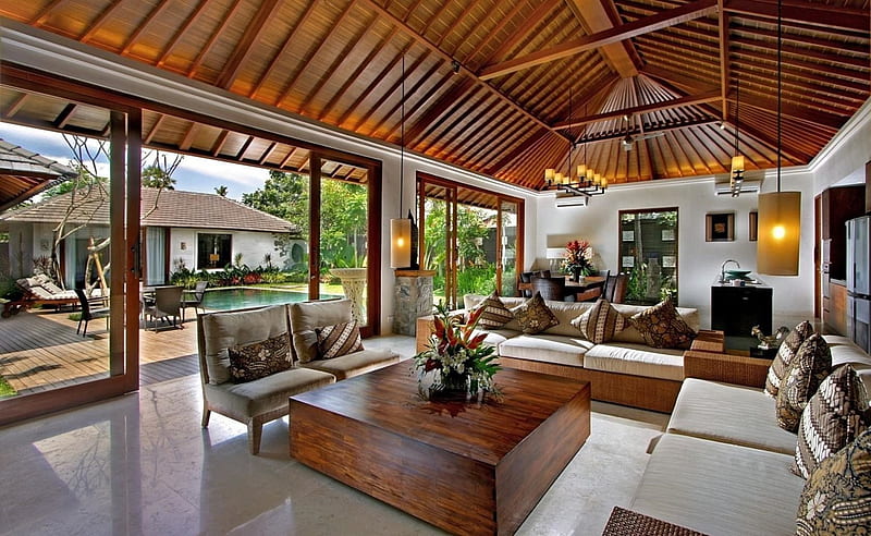 House interior, interior, garden, house, pool, HD wallpaper