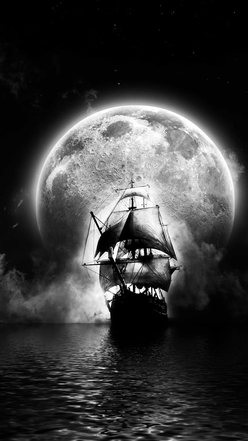 Midnight Sails, midnight, moon, sailing, ship, HD phone wallpaper