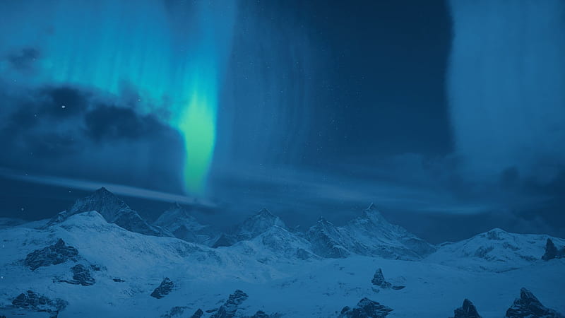 assassin's creed valhalla, game landscape, aurora borealis, northern lights, mountains, Games, HD wallpaper