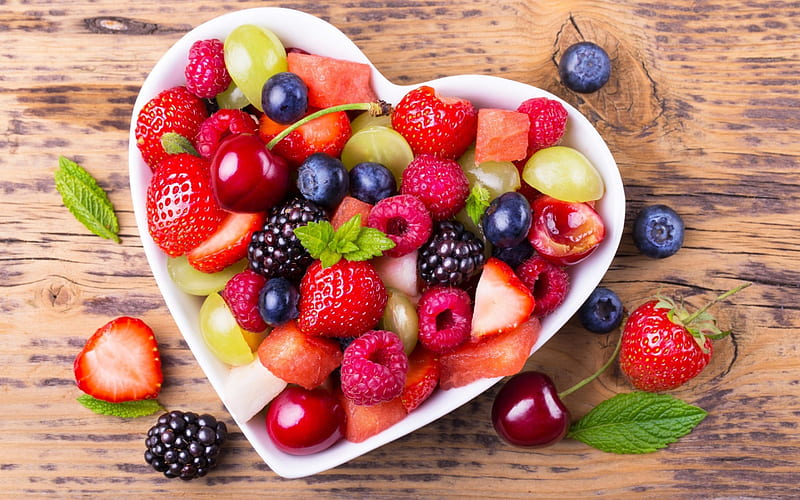Enjoy!, red, strawberry, food, blackberry, sweet, dessert, fruit, green, berry, blueberry, heart, raspberry, cherry, wood, HD wallpaper